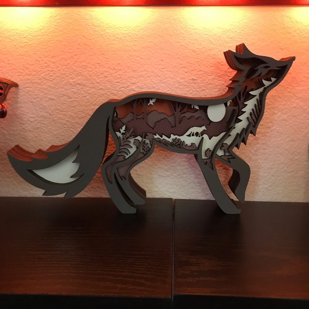 Wooden Fox Figurine With Forest Scene Design